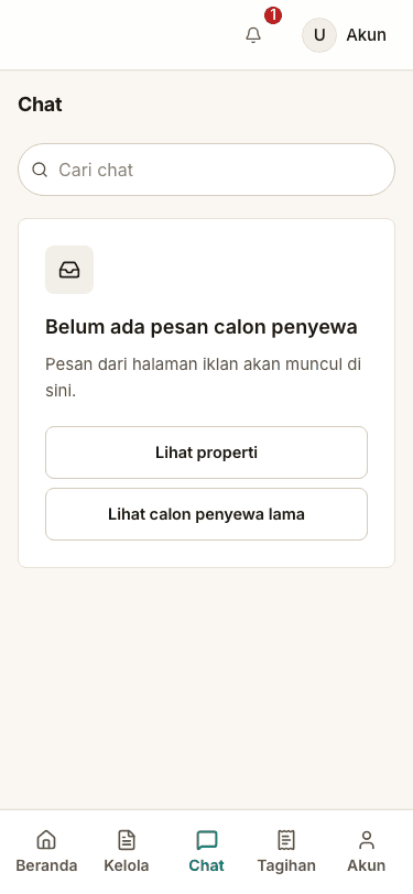 Simulasi tampilan Sevano: daftar chat calon penyewa di dalam aplikasi
