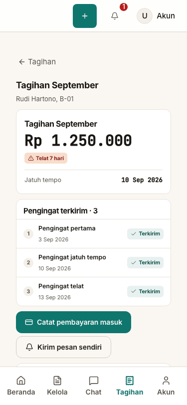 Simulasi tampilan Sevano: rincian satu tagihan beserta catatan pengingat yang sudah terkirim