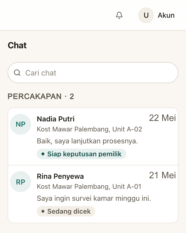 Tangkapan layar daftar chat calon penyewa di aplikasi Sevano
